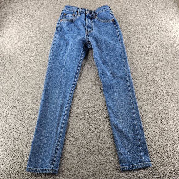 Levis Premium Jeans Womens 24 Blue 501 Skinny Stretch Denim Button Fly Mid Rise - Picture 1 of 16